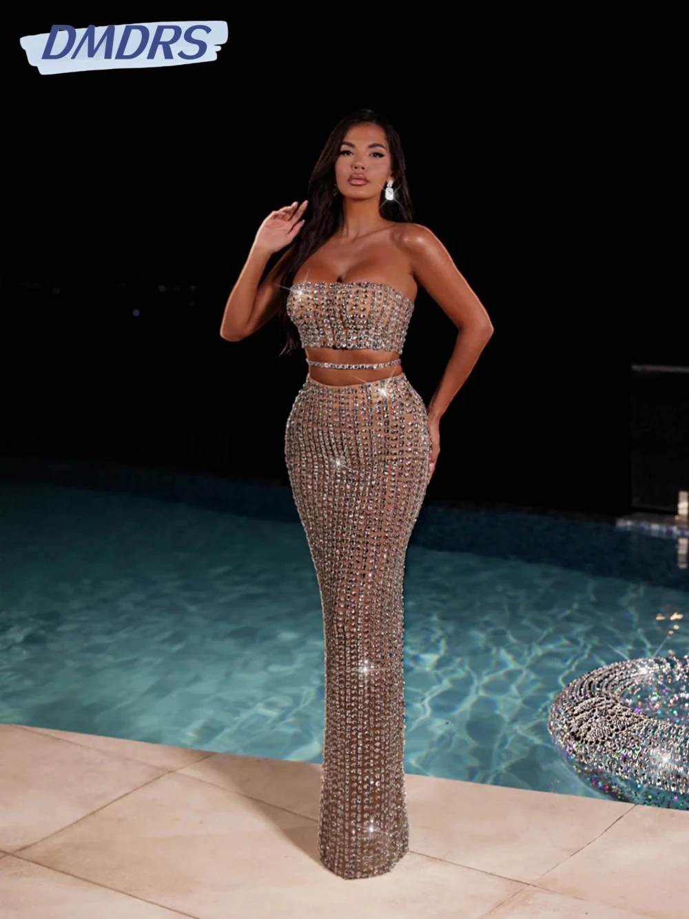 

New Arrival Silver Crystal Straight Long Evening Dress Illusion Strapless Sleeveless Wedding Party Gown Customized Prom Dresses