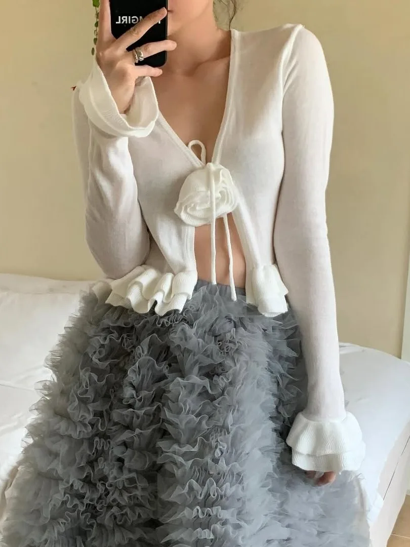 

Korean Style High Waist Midi Skirt Women's Fashion Layered Mesh Skirts Elegant City Commuting A-Line Skirts Autumn New Arrival