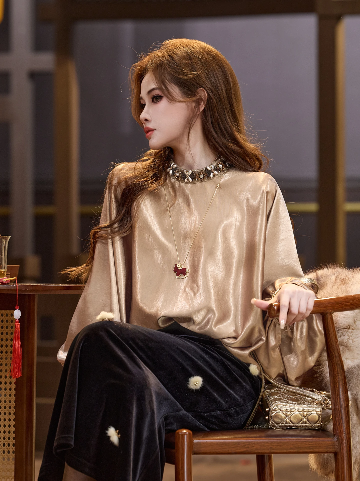 

Ele Satin ine Fan ape Floral irt Luxury irt for Women round Ne Long Sve Polyester Fiber TUNT Autumn Winter