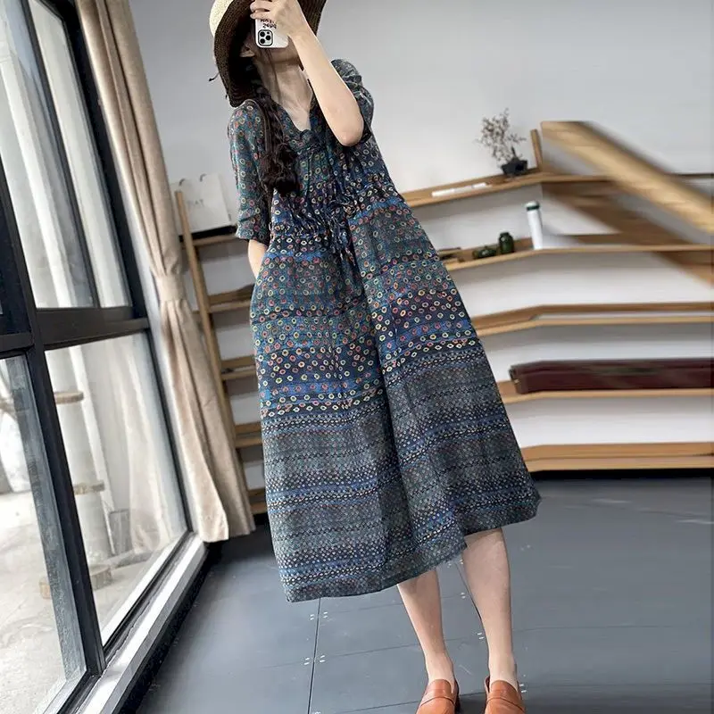 Cotton Linen Dress Women Fashion Printed Medium Sleeved Lace Up Dresses Casual Loose Waist Dress Summer Trend Thin Y2k Clothes