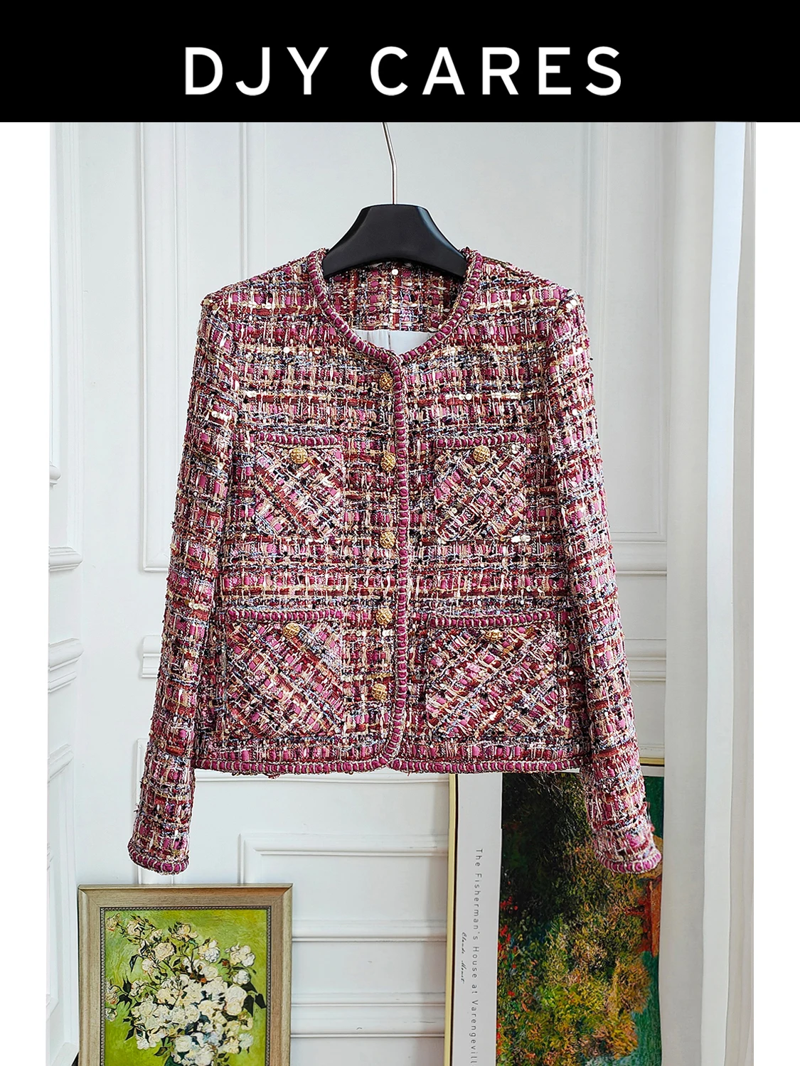 

New Fine cut round neck jacket made of coarse woolen fabric, high-end top big size