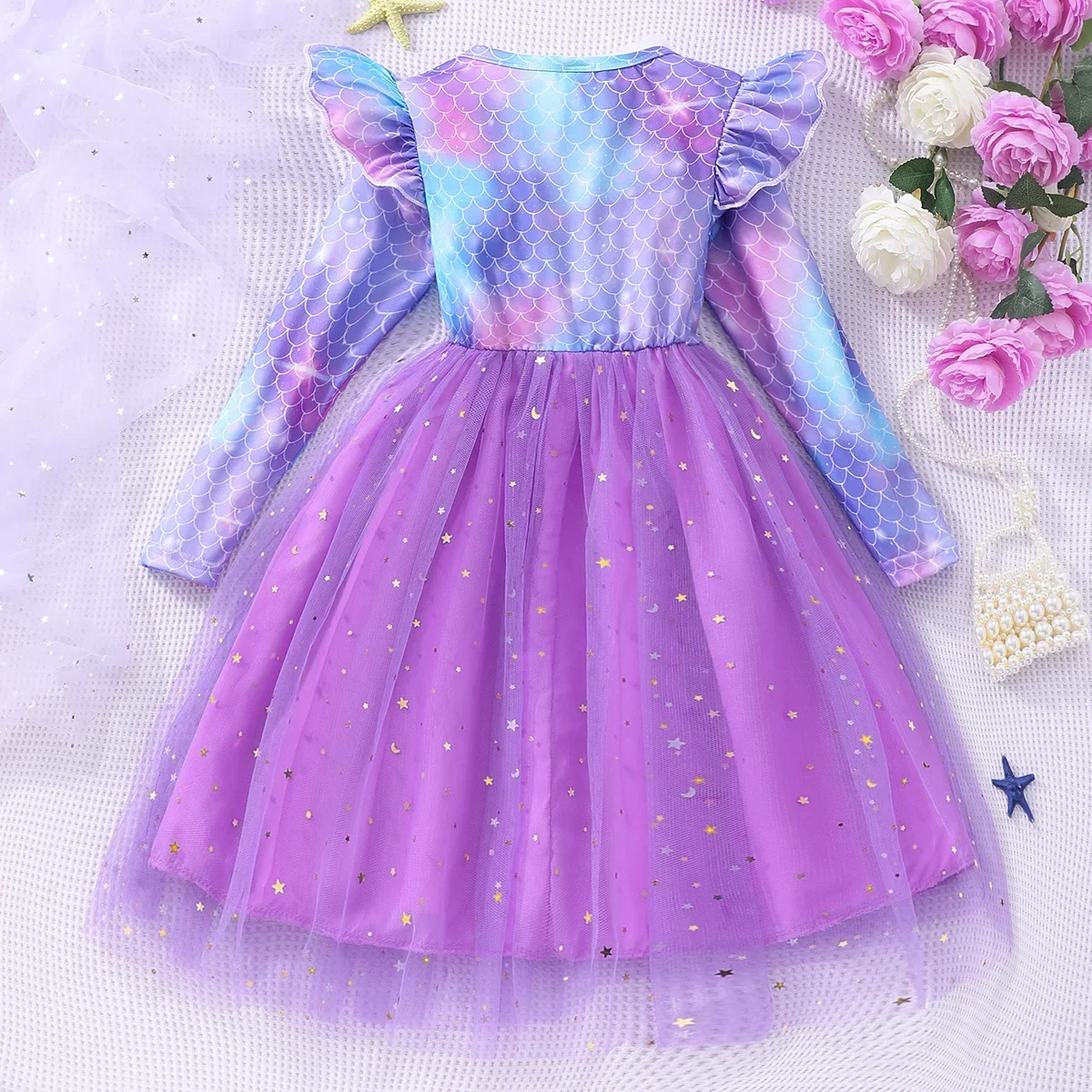 2025 Long Sleeved Girls Dress Autumn Round Neck Purple Fish Scale Mesh Toddler Dress Kids Girl Princess Dress 2 3 4 5 6 7 Yrs