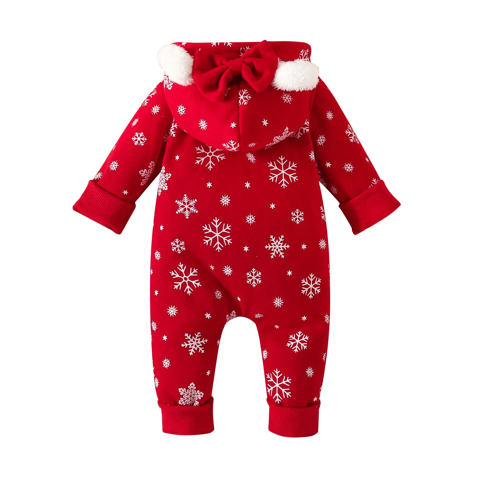 Newborn Baby Girls Christmas Hooded Jumpsuit Long Sleeve Bow Pom-pom Snowflakes Print Zipper Romper Party Warm Winter Bodysuit