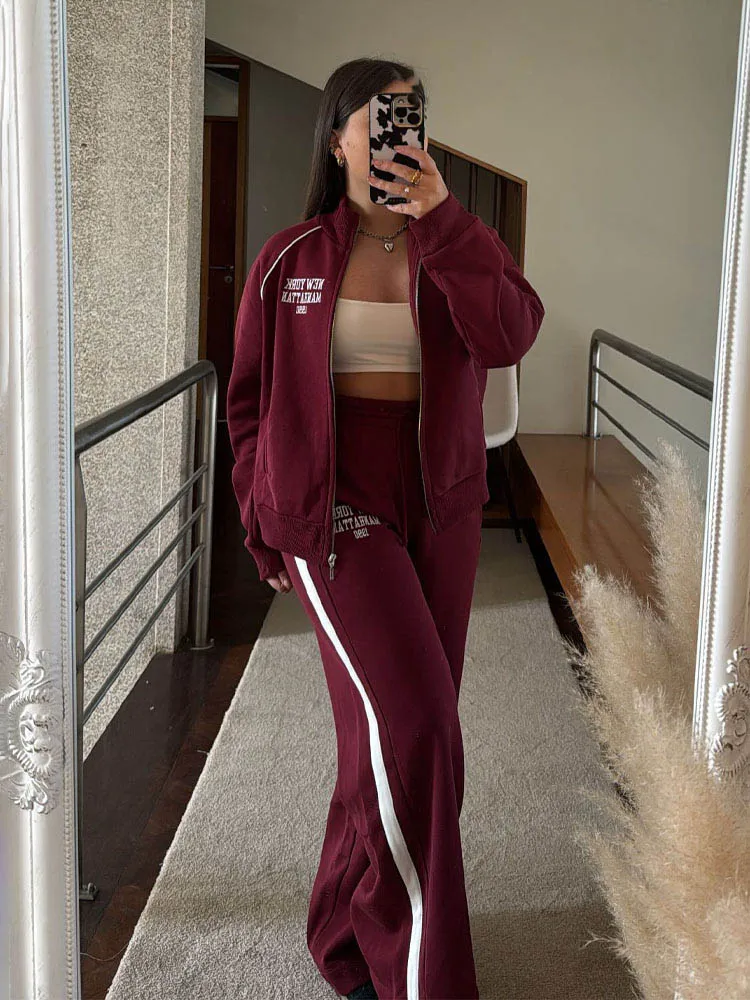 HH Women\'s Pant 2-Piece Set Female Fashion Versatile Printed Velvet Zip Jacket+Commuting Elastic Waist Belted Casual Pants