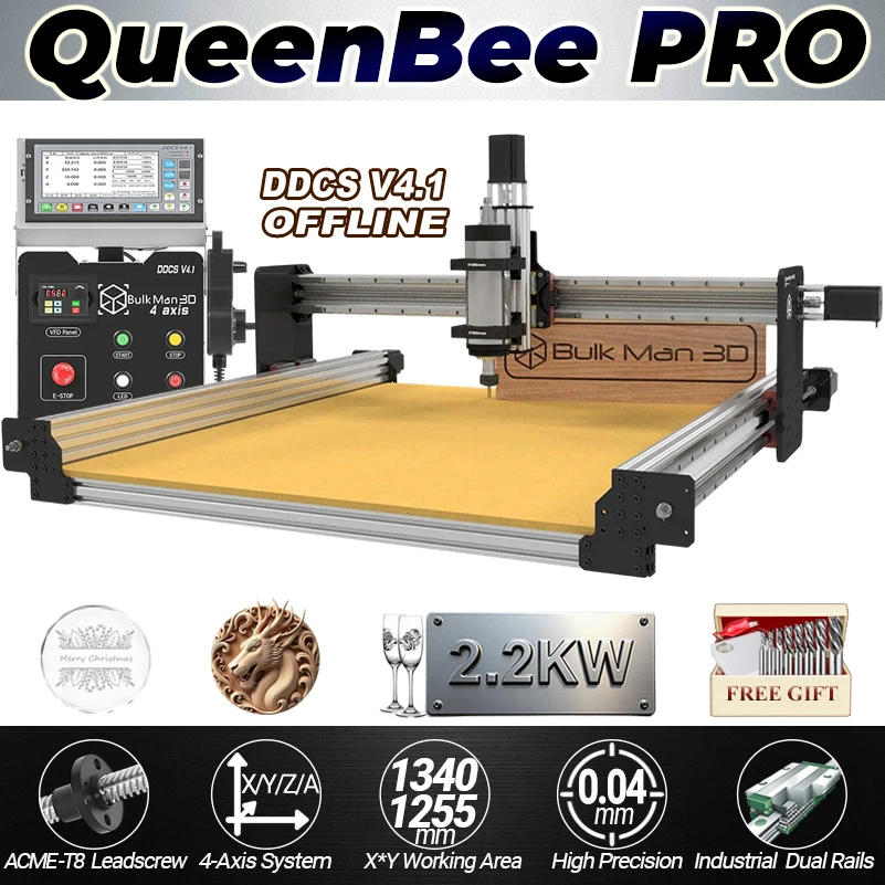 BulkMan3D QueenBee PRO CNC Kit completo de grabador de 4 ejes con control fuera de línea DDCSV4.1 para motores de Metal, madera, acrílico, MDF, 2,2 kW, 3N.m