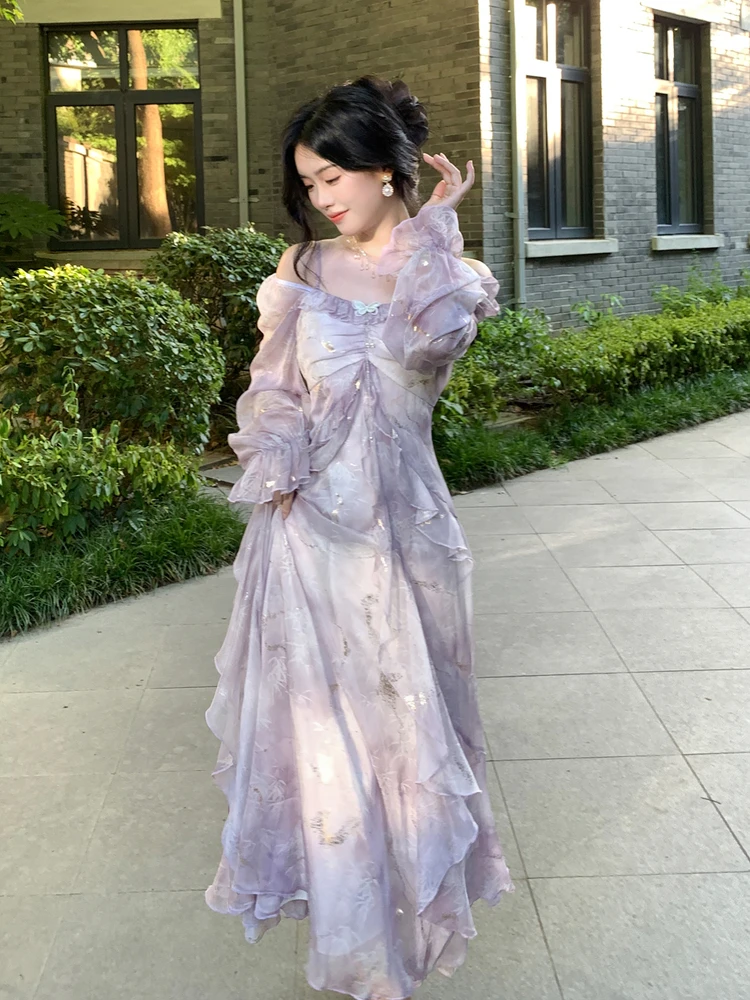 

French Ruffles Asymmetrical Panels Women's Dress Autumn Oil Painting Blur Print Princess Dress Beach Vacation Fairycore Dress