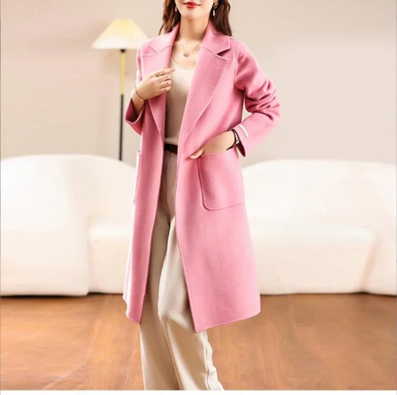 

2023 Wool Double-faced Cashmere Autumn Winter New British Style Belt Coat Women Long Profile Loose Wool Thickened Coat