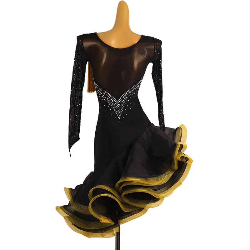 Round neck mesh long sleeve rhinestone spliced fringe multi-layer ruffle dance skirt for latin dance competition stage performan