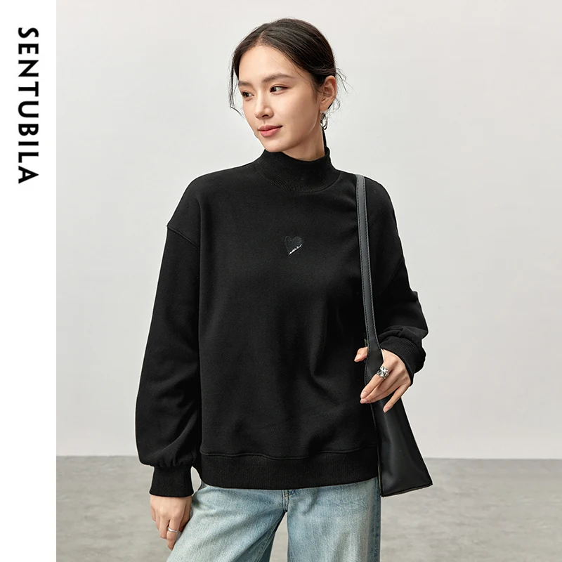 SENTUBILA Embroidery Knit Cotton Sweatshirt Women Winter 2024 Simple Loose Fit Half High Collar Drop Sleeve Women Top 144A57150