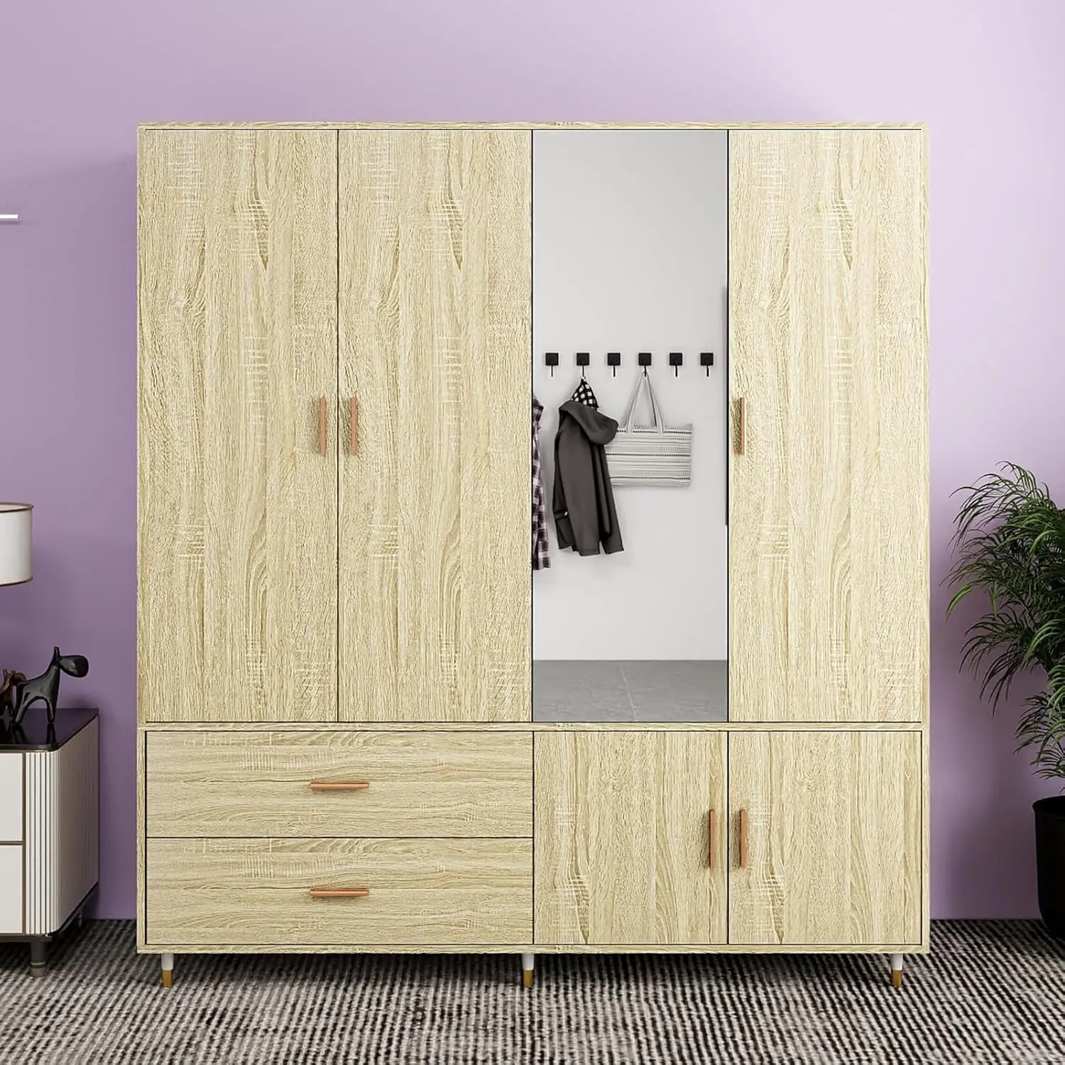 Armoire Wardrobe Closet: Wood Cabinet with 4 Doors, 2 Drawers, Tall Storage, Shelves, and 2 Hanging Rods