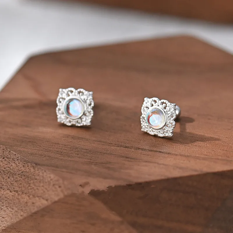 

925 Silver Plated Moonstone Screw Stud Earrings For Women Girls Birthday Party Jewelry Gift e1054