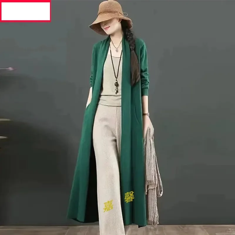 Solid Color Fashion Knitted Sweater For Women Autumn 2024New Korean Casual Loose Fitting Long Cardigan Outerwear Trend Coat Long