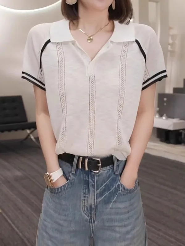 

plus Size Women's Korean Sle Ne Knitted ort Sve T-irt Summer Thin Hollow out Top Belly Covering Slimming Effect