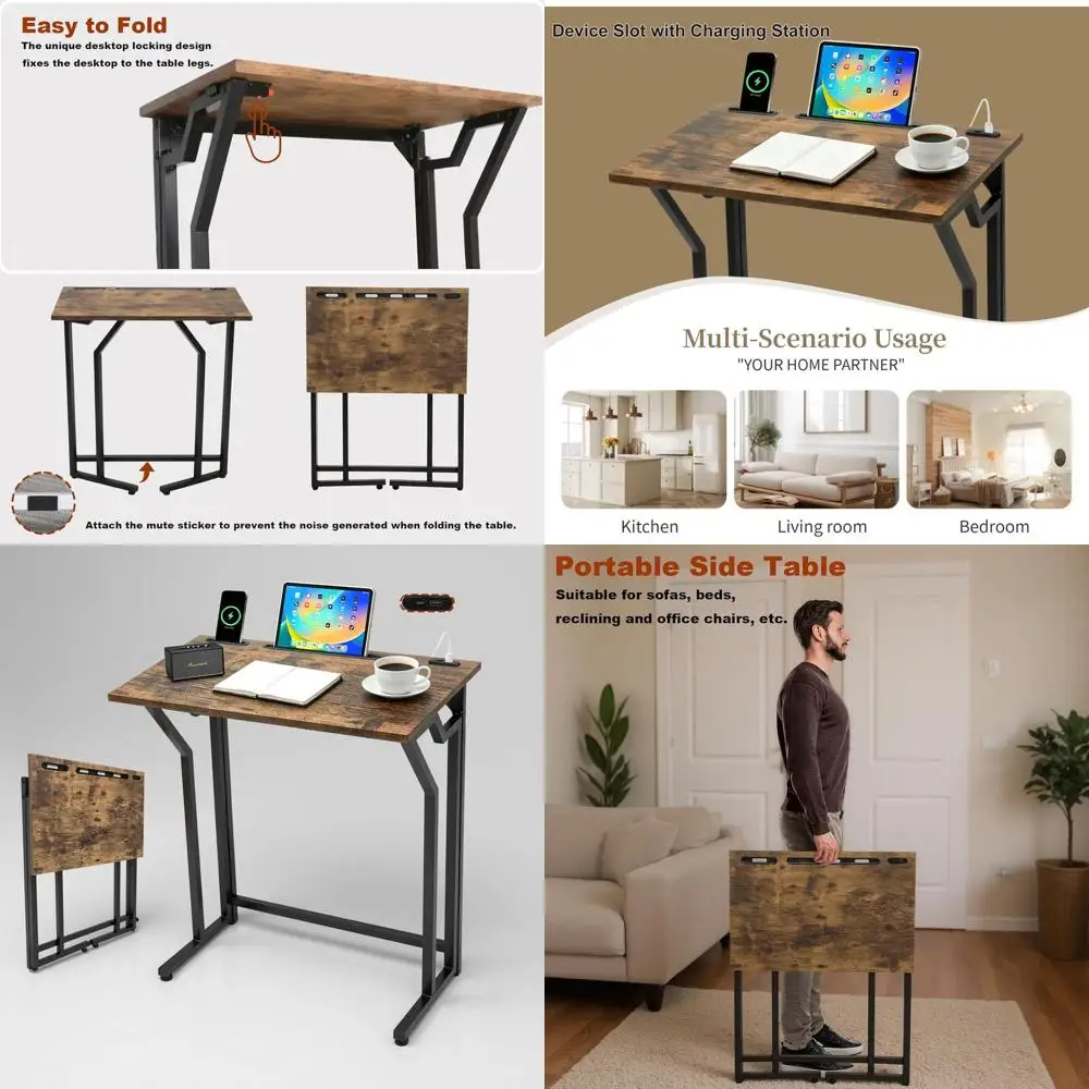 

C-Shaped TV Tray with Charging Station, Perfect for Eating or Watching TV, Fits Under Couch, Ideal for Living Room or Bedroom (B