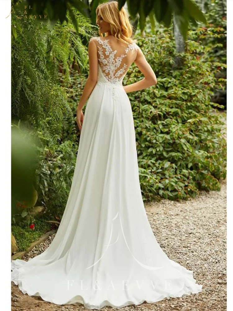 Elegante Boho-Hochzeitskleider mit Applikationen, Garten-Illusion-Rücken, Brautkleid für Frauen, ärmellose Spitze, A-Linie, Abschlussball-Partykleid, Robe