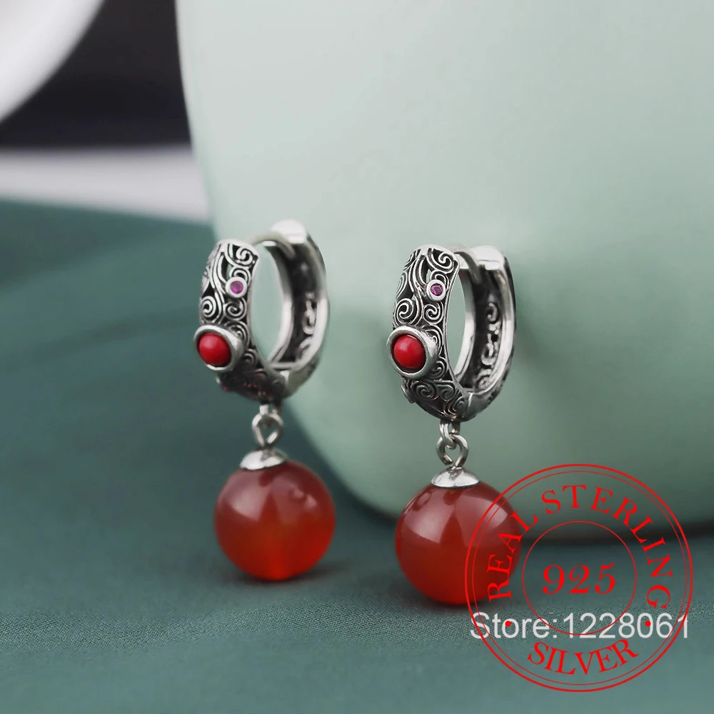 

925 Sterling Silver Jewelry Red Agate Ball Auspicious Clouds Drop Earrings for Women Wedding Party Jewelry For Girls Friend Gift