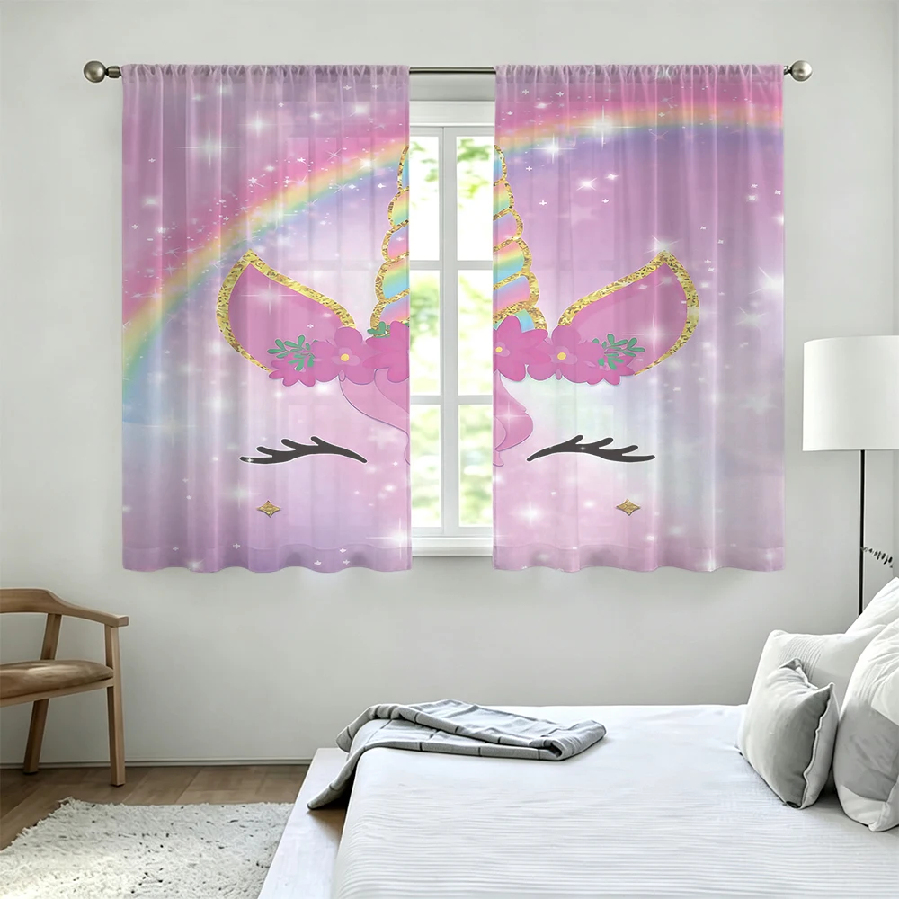 2Pcs Rainbow Glitter Floral Unicorn Rod Pocket Curtains Light Blocking Privacy Window Drapes For Living Room Bedroom Cute Fan