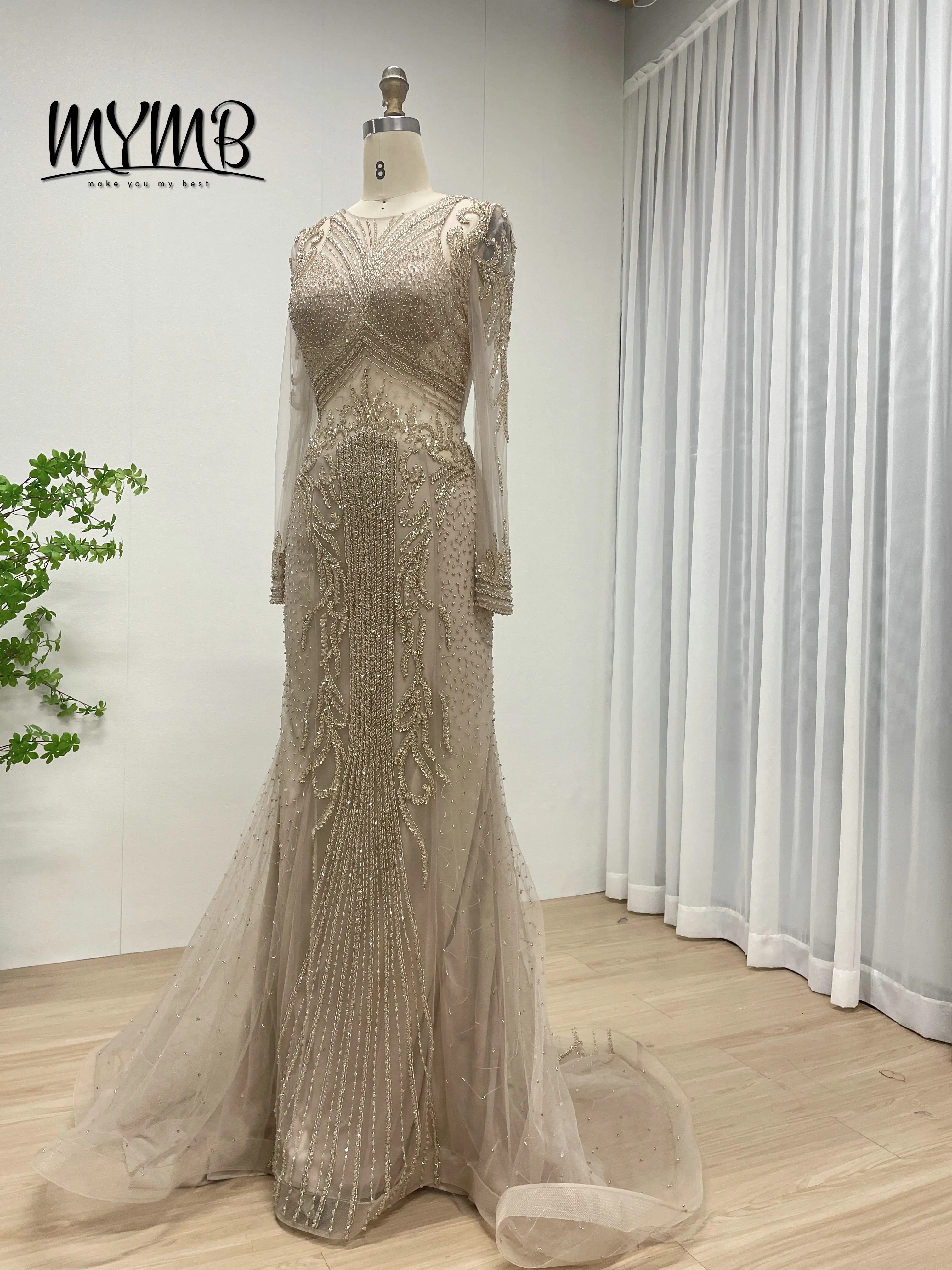 MYMB Hot Sale Exquisite Caramel Elegant Luxury Sexy See Through Beaded Embroidery Long Sleeve Vintage Evening Dresses DSL62101-2
