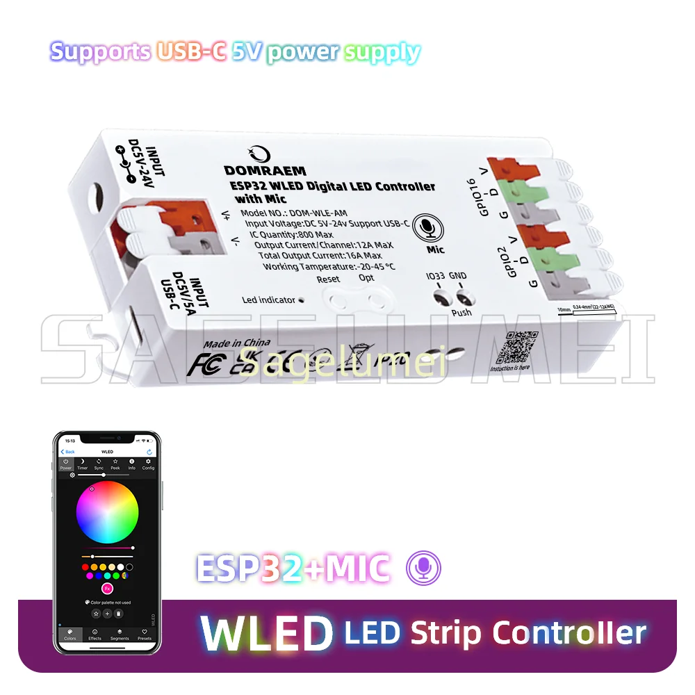 DOMRAEM WLE-AM ESP32 suporta WS2811/2812B/2814/2805etc funciona com HA/MQTT/AlexaWLED Digital LEDstrip controlador com microfone USB-C