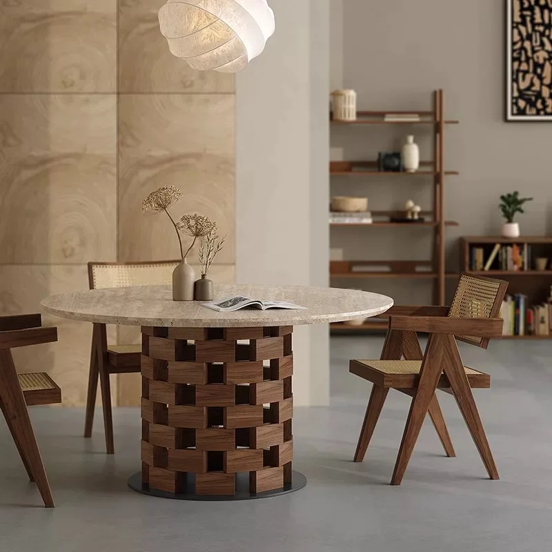 Hot Selling Modern Solid Wood Dining Table with Travertine Top Round Design for Small Apartment Dining Room Non-Foldable