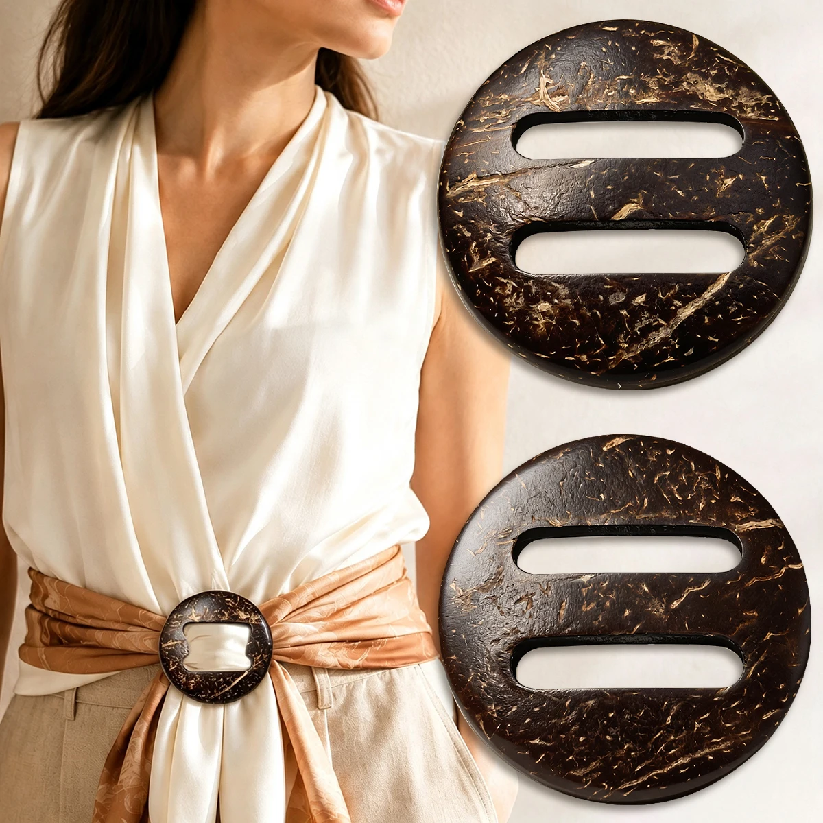 3PCS Coconut Shell Buckles, Round 2-Slot Scarf Fasteners for Dresses, Shirts, Shawls, Waist Belts and DIY Sewing