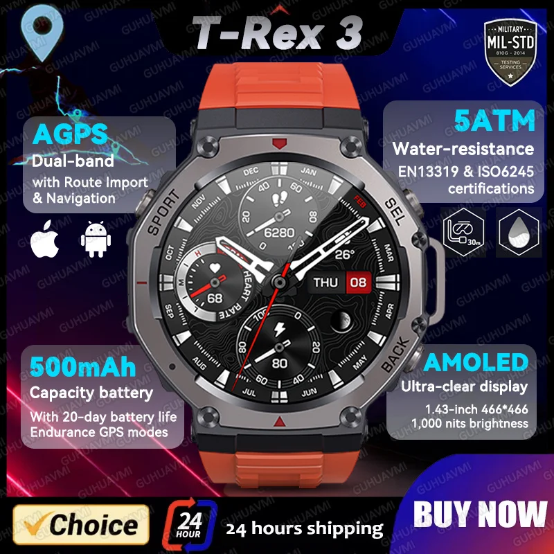 

T-Rex 3 Умные часы для улицы 6 спутниковых систем Двухдиапазонный GPS 48 мм AMOLED 50 м Фридайвинг 20 дней Срок службы батареи Спортивные умные часы