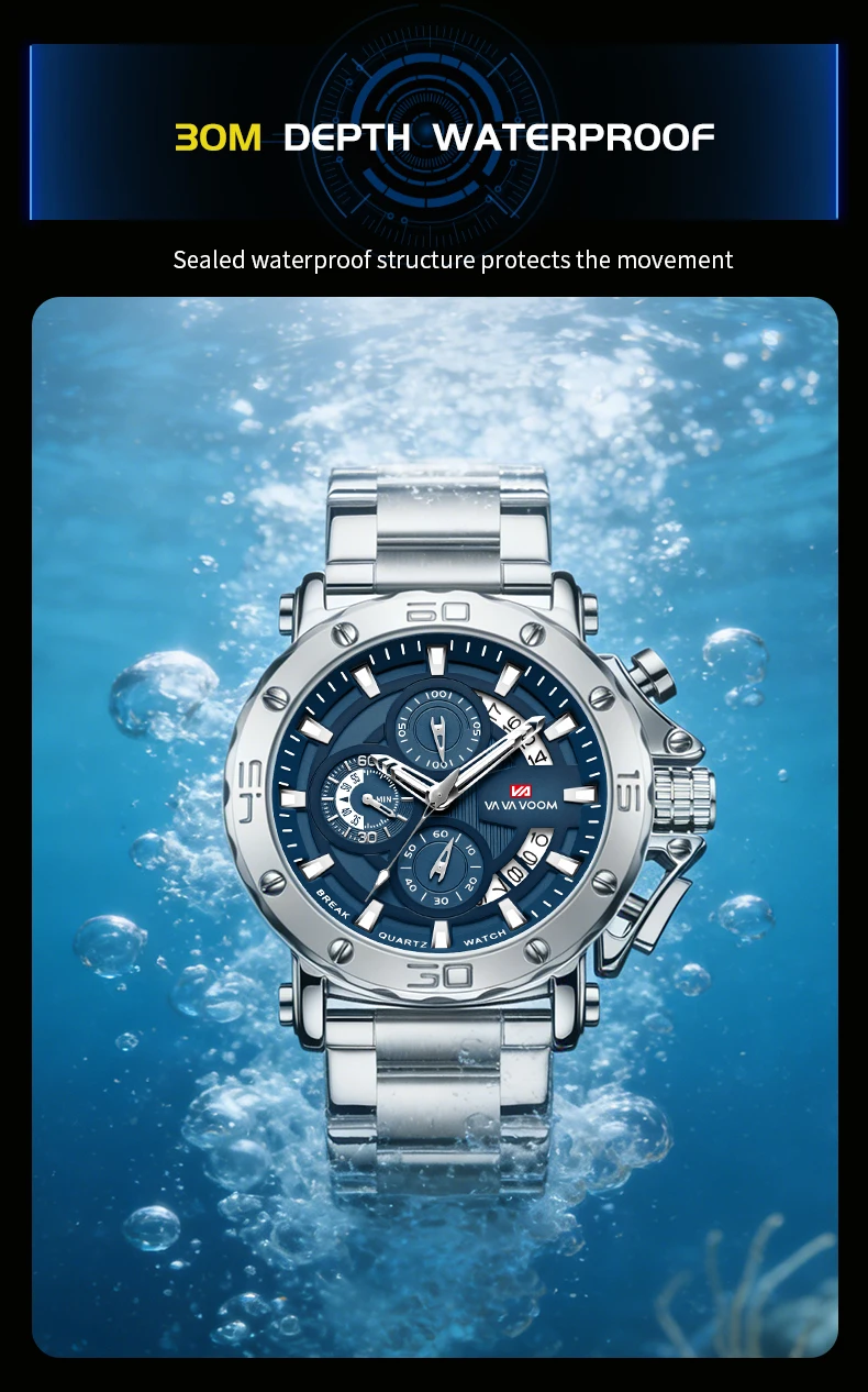 VA VA VOOM Chronograph-Uhr für Herren, Kalender, leuchtend, wasserdicht, Herrenuhr, luxuriöse Edelstahl-Quarzuhr für Herren, Reloj – Detail 3