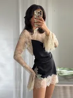 Elegant Lace Trim Satin Dress Women High Neck Color Block Full Sleeve Y2K Mini Dresses 2026 Spring Lady New Sexy Party Clubwear - Image 2