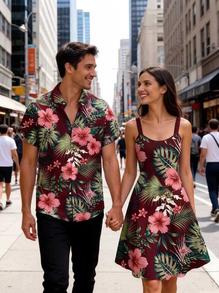 

Парный комплект: гавайская рубашка или платье в тропическом стиле, женский сарафан, мужская повседневная рубашка на пуговицах с красным цветочным принтом гибискуса