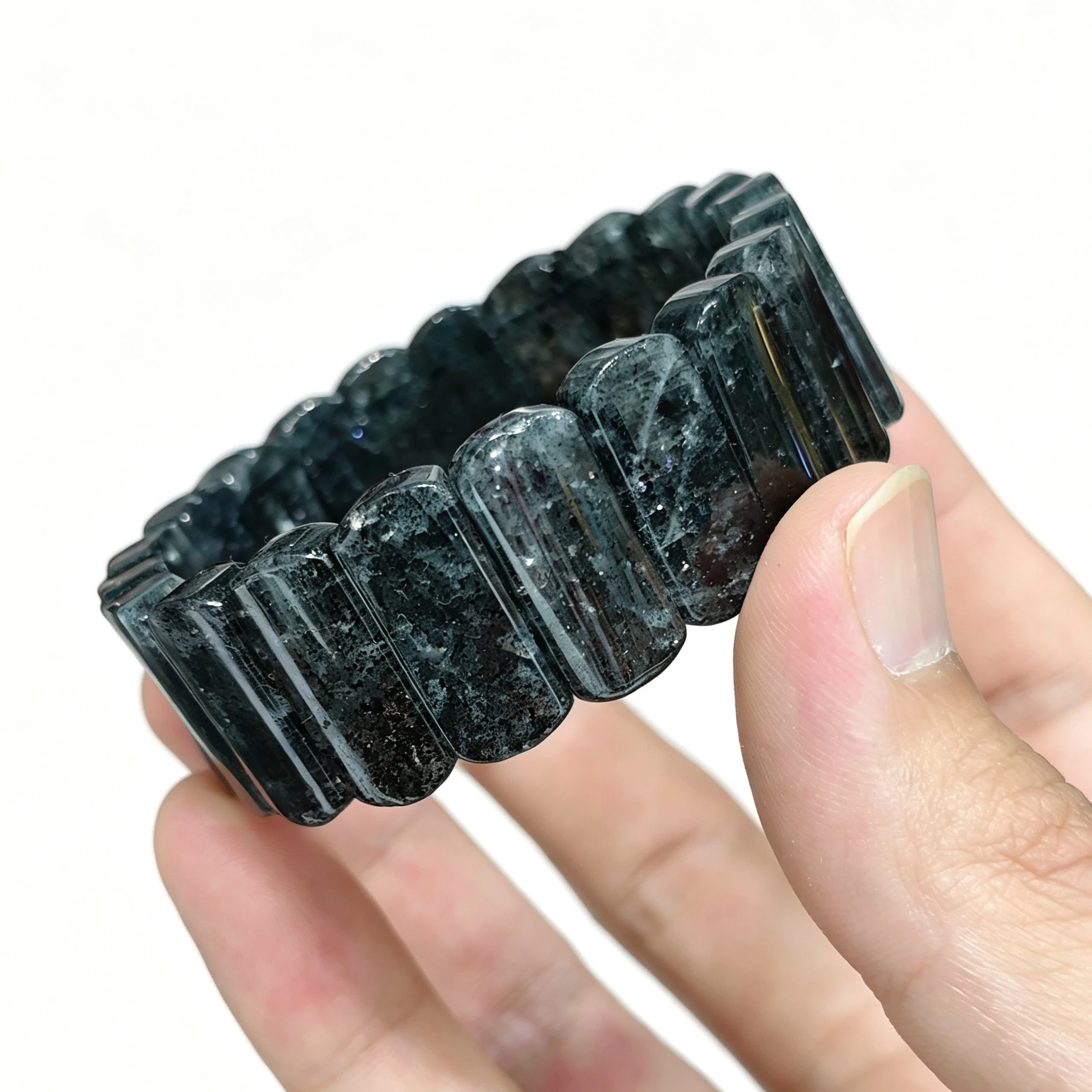 Natural Black Strawberry Quartz Plate Bracelet Gemstone Rectangle Slab Cuff Black Crystal Stretch Bracelet Fine Jewelry 1 Pc