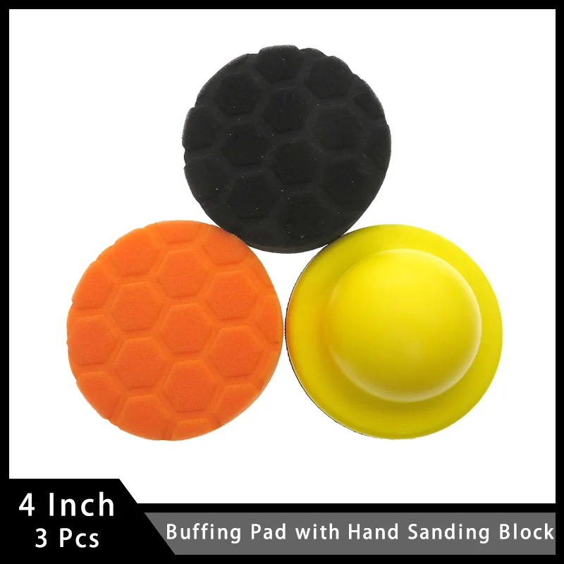 

4 Inch 2 Pcs Buffing Pads with 1 Pcs Hook and Loop Hand Sanding Block for Woodworking Shop Automotive Using and Polishing