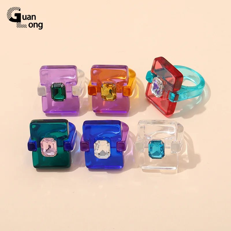 GuanLong New Trendy Transparent Acrylic Rhinestone Rings Set Colourful Geometric Square Big Rings for Women Girls Party Jewelry