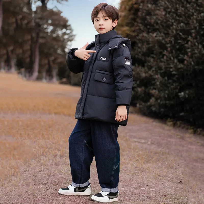 Boys Girls Kids Long Loose Thickened Duck Down Jacket Coffee Blue Black Baby Coat Teenagers Hooded Padded Jacket Clothes Winter