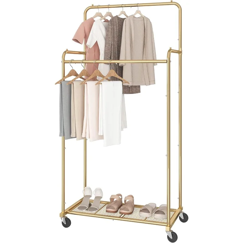 Double Rod Clothes Garment Rack, Heavy Duty Clothing Rolling Rack on Wheels for Hanging Clothes,with 4 Hooks, Gold