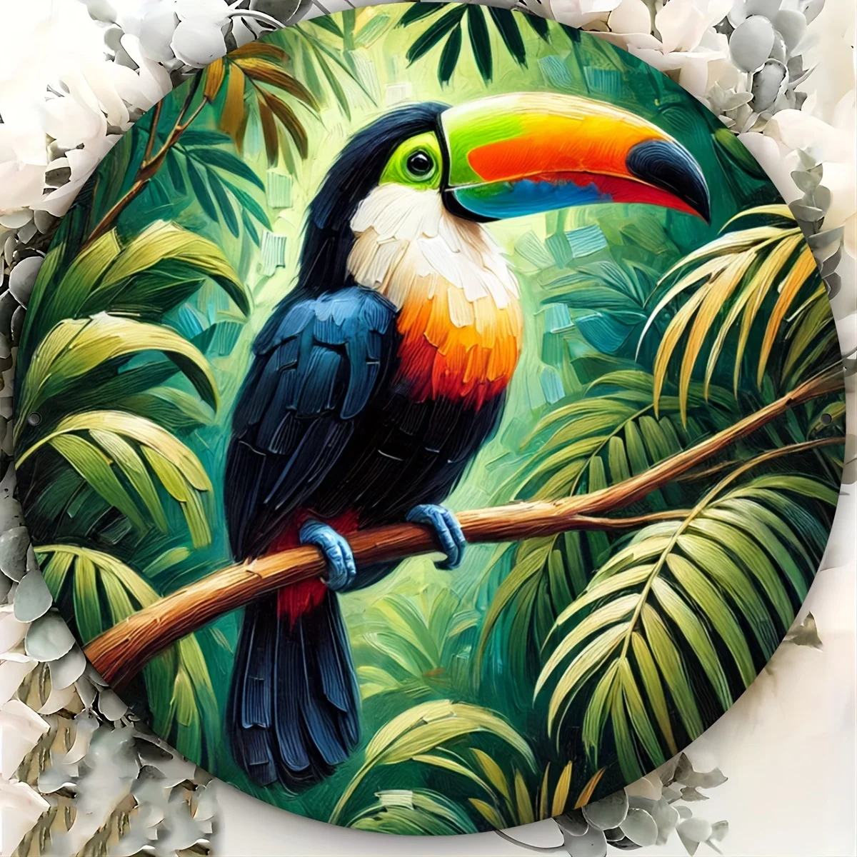 2D Flat, 1pc Metal Tin Sign - Vibrant 20.32x20.32 cm Round Colorful Toucan Artwork with Lush Foliage Background, Durable Iron Wa