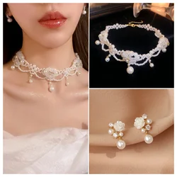 3pcs Fashion Women Pearl Flower Necklace Set Includes Earrings Jewelry Set for Women Girls Brides Wedding Gift Parties