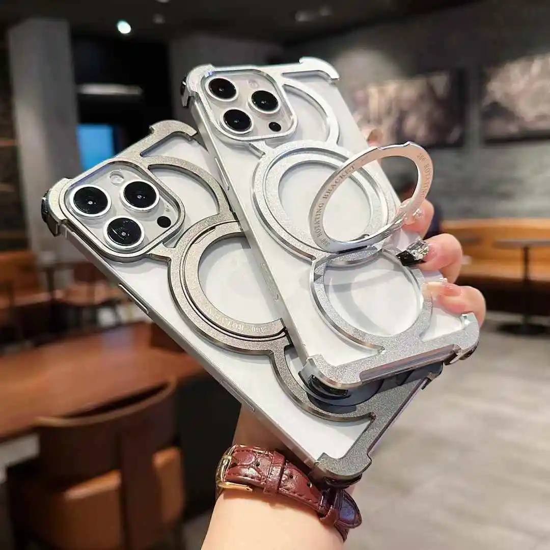 

Новый тип металлического чехла для телефона из алюминиевого сплава для iPhone 16 15 14 13 Pro Max противоударный бампер 360 ° Поворотный держатель, противопадающая крышка