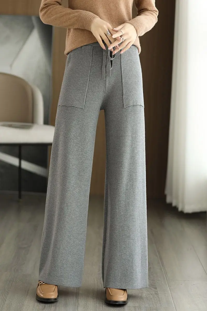 

Вязаные широкие брюки для женщин, зима 209, новые свободные брюки с высокой талией и завязками, тонкие эластичные повседневные брюки в полоску CQ73