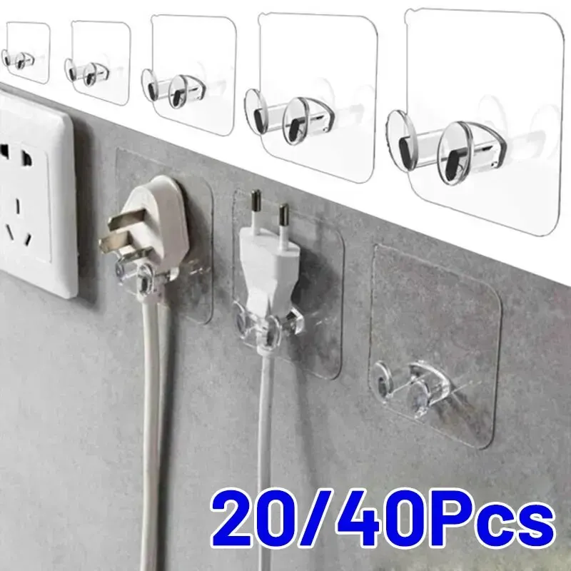 20/40PCS Hook Power Plug Bracket Tidy Hanging Rack PVC Wall Hook Strong Adhesion Seamless Transparent Waterproof Kitchen Bathroo