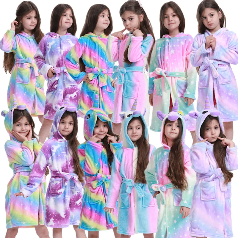 Unicorn Cartoon Kids Hooded Bath Robes, Children Sleepwear, Bathing Robe, Keep Warm, Easy to Clean, Boys, Girls Pajamas, Autumn,