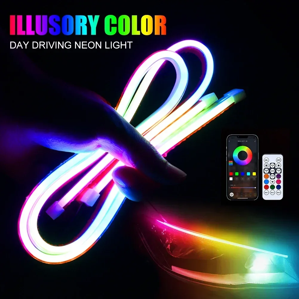 2PCS Car Decorative LED Light Strip DRL RGB Daytime Running Cool Light APP Control Colorful Flowing Turn Signal Waterproof