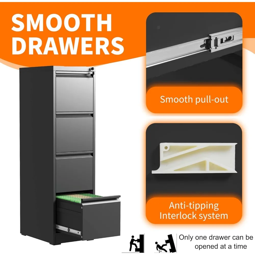 4段引き出しファイルキャビネット、ロック付き、頑丈なロック式メタルファイルキャビネット、ホームオフィス用スチール製ファイリングキャビネット、縦型ファイルキャビネット