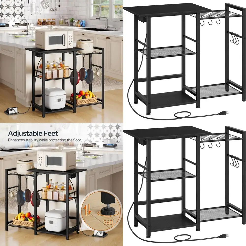 

Kitchen Storage Shelf with Power Outlet, Microwave Stand, Pots Rack, Coffee Bar Table, Spice Organizer