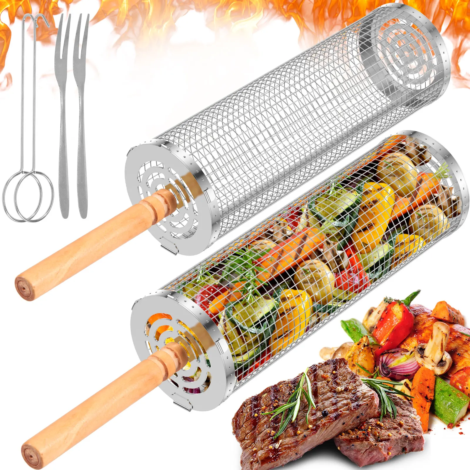 

Корзина для барбекю, решетка для гриля, клетка для барбекю, посуда для кемпинга, пикника, уличная круглая решетка для барбекю, кошик для гриля для костра, роликовая корзина для гриля