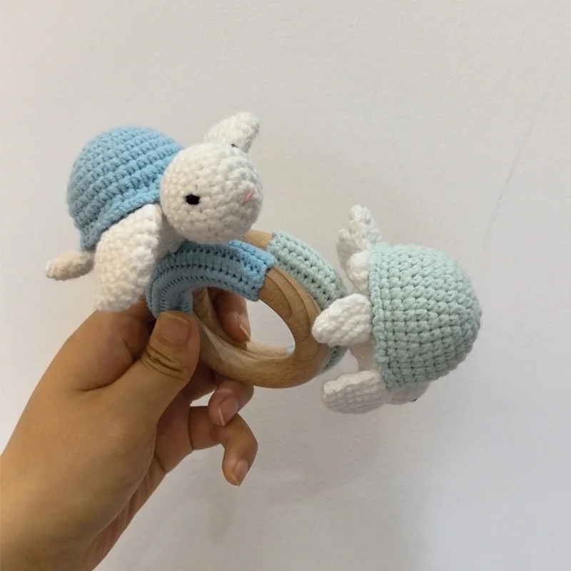 Handgemachte Häkel karikatur Meeres schildkröte Tier Baby Rassel Spielzeug sicher Buche Holz Neugeborenen Handgriff Beißring Baby Beißring