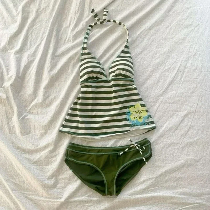 Conjunto de Bikini de playa de 2 piezas para mujer, traje de baño Sexy ajustado y elegante con estampado Floral y cuello Halter, ropa de calle estética de los años 2000