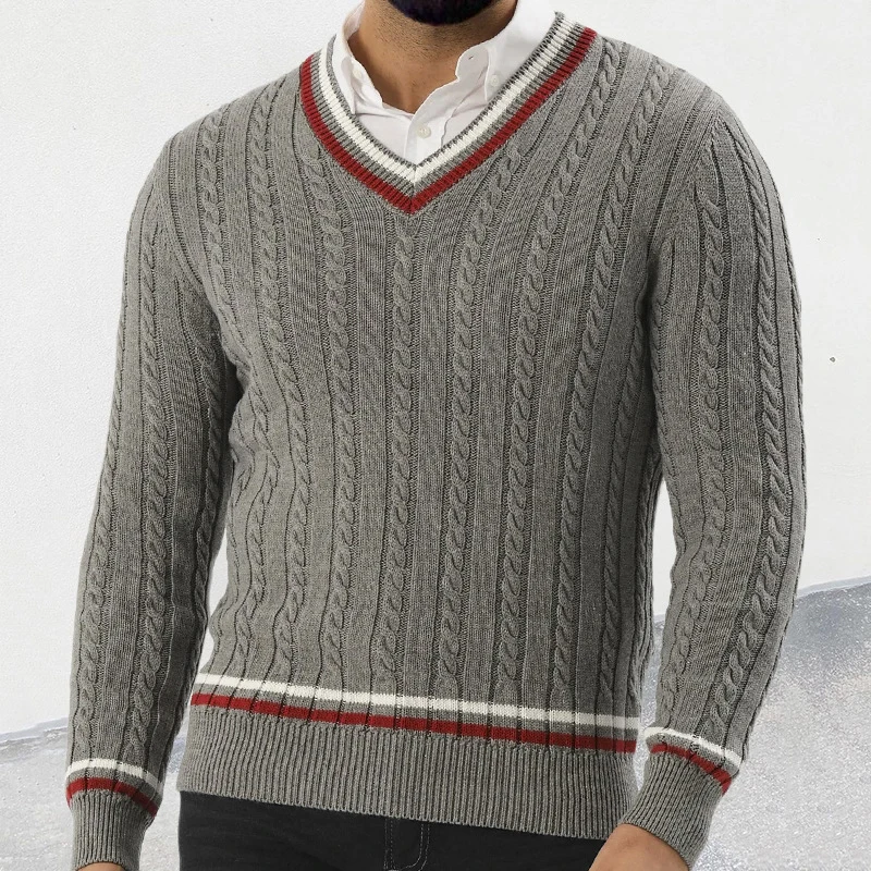 2024 Autumn Fashionable Sweater Mens Long Sleeve V Neck Striped Knit Jumpers Men Casual Slim Knitting Pullover Tops Streetwear