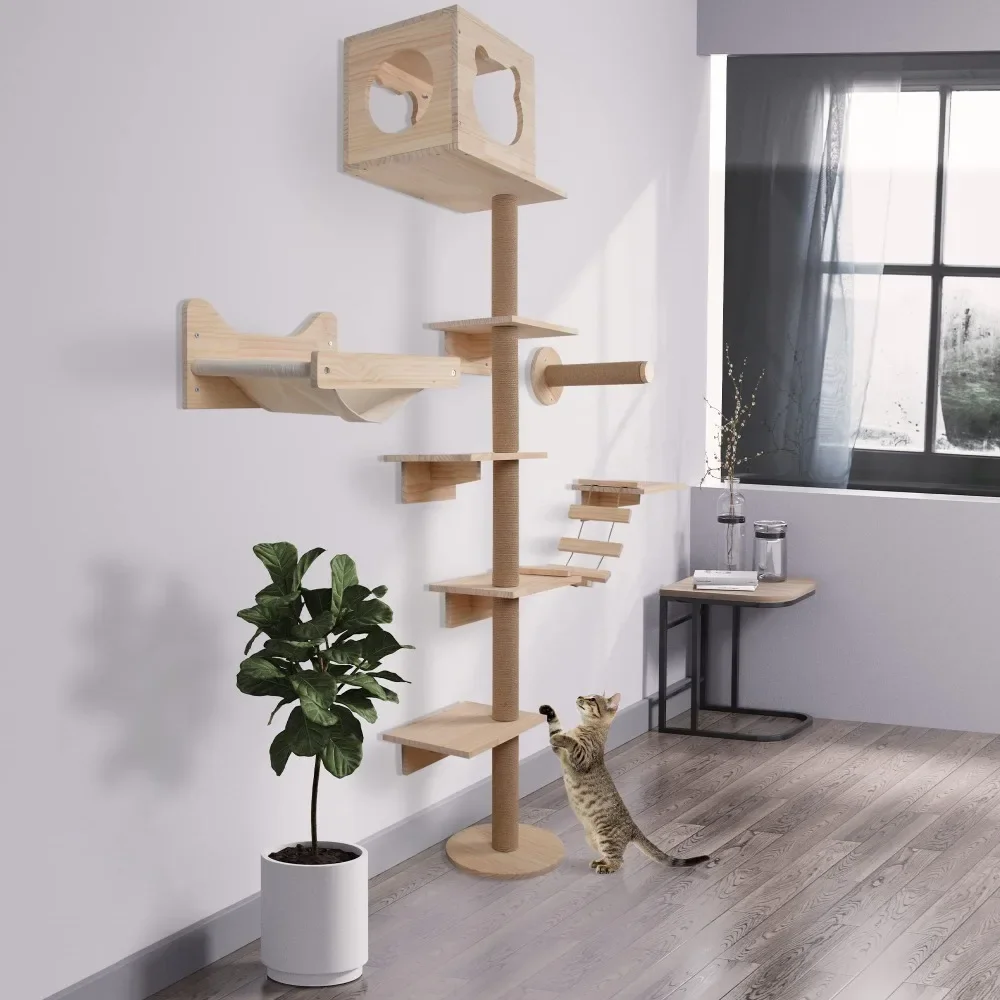 

2024 New Cat Tree with Hammock, Wood Cat Wall Furniture, Cat Activity Climbing Tower