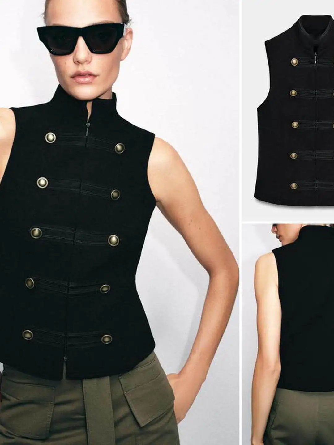 Spring New Style Versatile Zipper Closure Rope Knot Golden Buckle Decoration Stand Collar Sleeveless Vest Women's Fashion