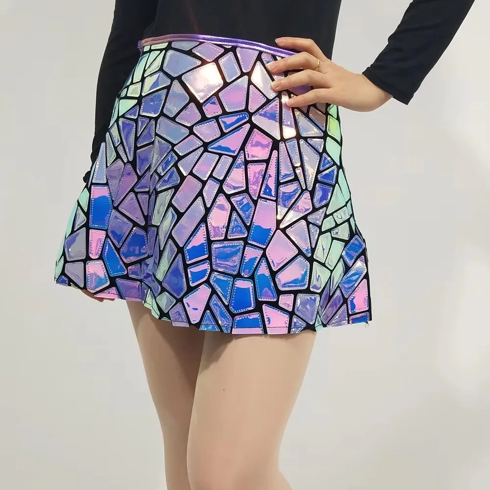 

Women Purple Blue Laser Mirror Short Skirt Dance Costume with Sequins Sexy Stage Wear for Club Party Performance Singer
